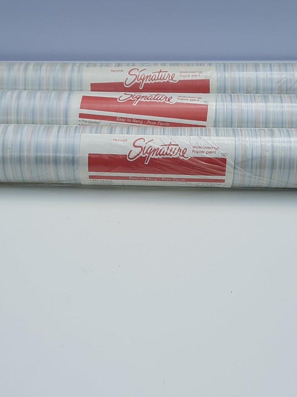 Vtg 3 Rolls Norwall Signature Striped Wallcovering pre-pasted NOS Vinyl